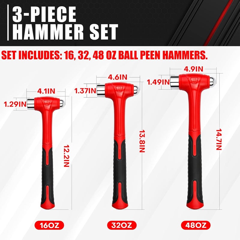 ct 3 Piece Ball Peen Hammer, 16oz 32oz 48oz, Fiberglass Handle hammer for Ball Peen, Blow Striking Ball Pein Hammer Handle Tool with Forged Steel Construction for Metal Working - Image 3